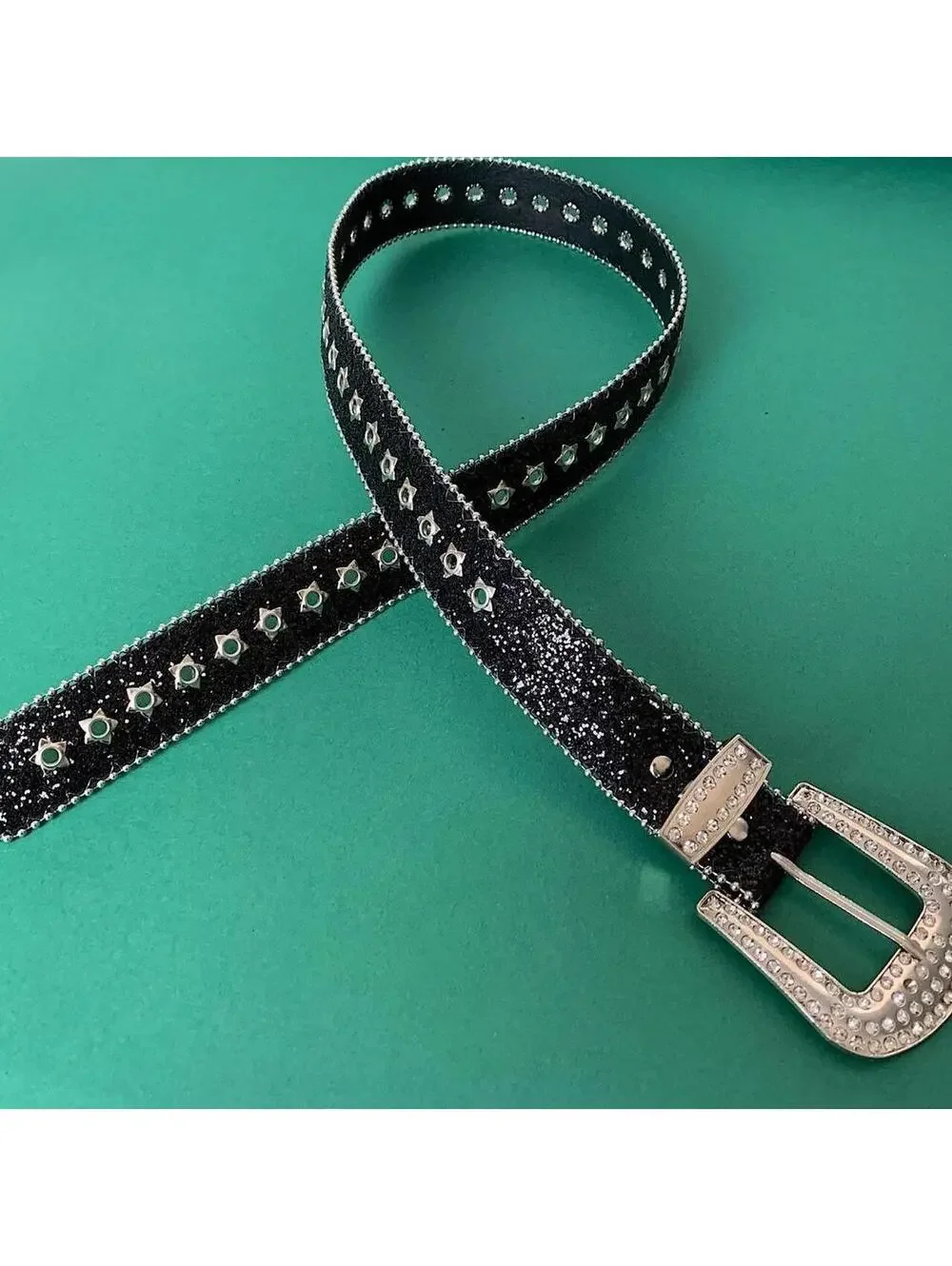 Rhinestone Studded Black and Silver 2-Tone belt. Cool grunge/punk style. High